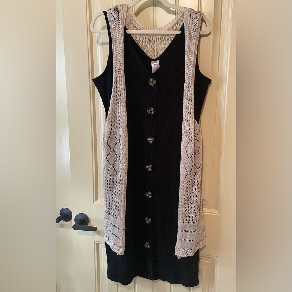 2 Piece Black Dress and Crotchet Vest Set